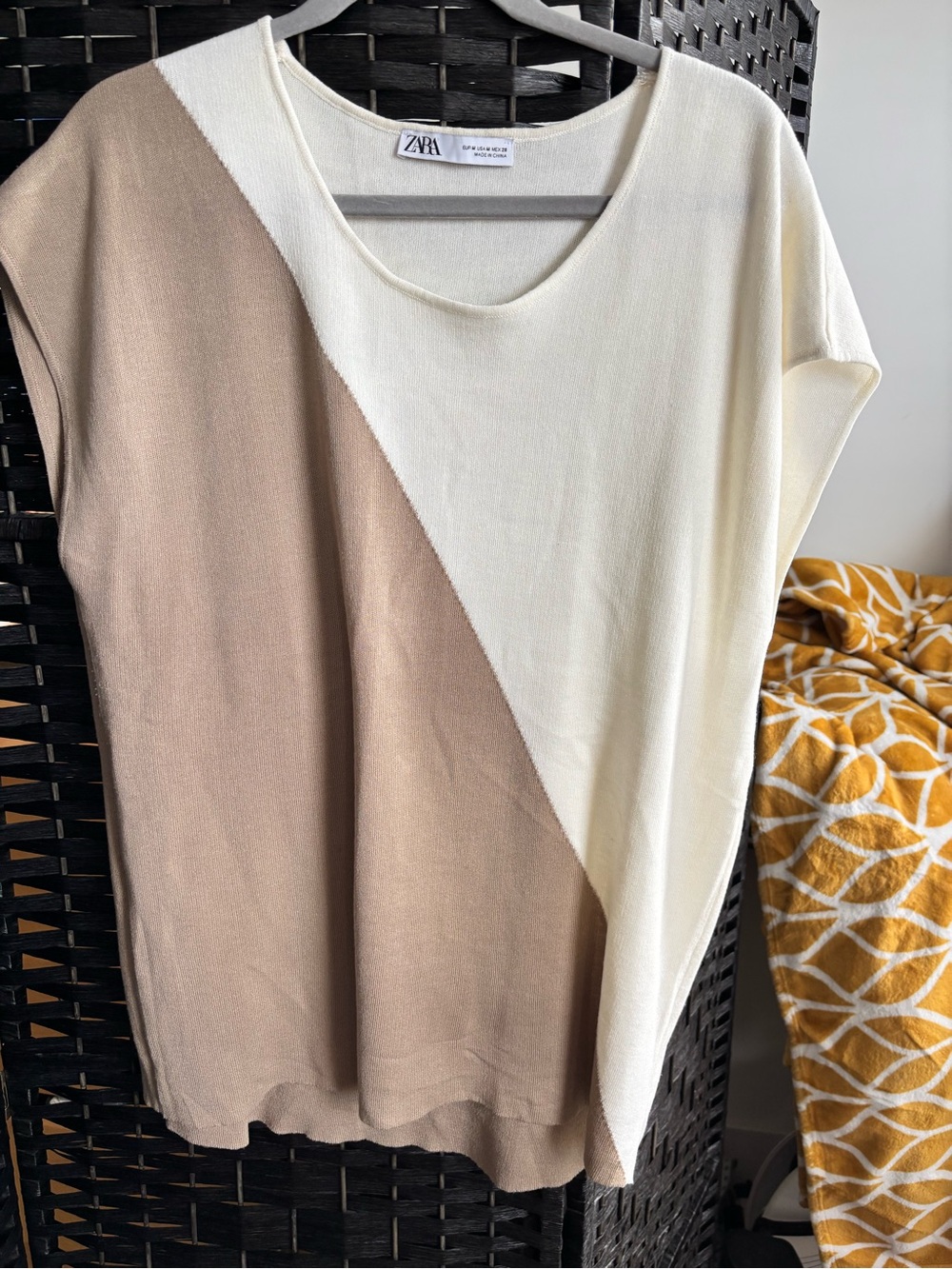 Zara Diagonal Two-Tone Cream and Tan Knit Tunic